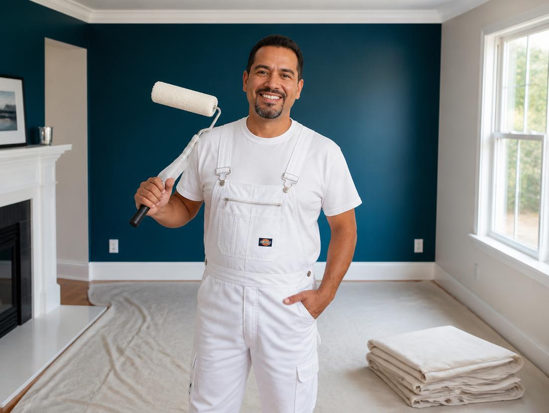 Daniel Ortega of Claro Painting LLC holding a paint roller in a freshly painted room